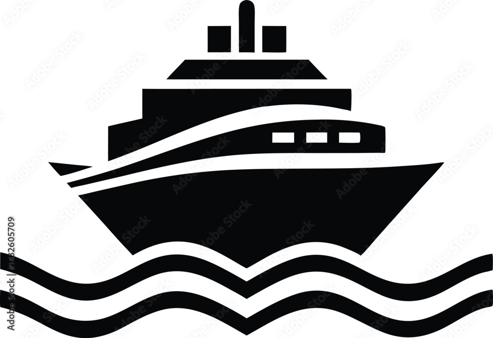 Obraz premium Minimalist Black Ship Icon – Front View Vector with Stylized Waves