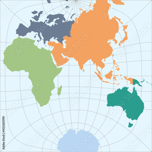 World vector map with continent boundaries and graticules (Eastern hemisphere, Guyou projection, PPT-compatible, pre-colored & fully editable)