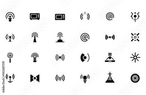 A 4x4 grid of black and white icons, each representing a different type of radiation or electromagnetic field. The icons are simple and minimalistic, with clean lines and no shading or color variation