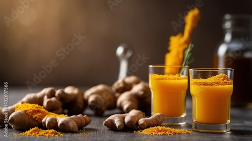 A ginger and turmeric immunity shot in a small glassA ginger and turmeric immunity shot in a small glass