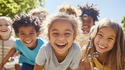 Happy diverse children group smiling joyful friends togetherness