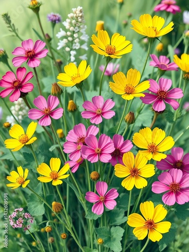 Colorful Garden Scene with Bright Yellow and Pink Blossoms