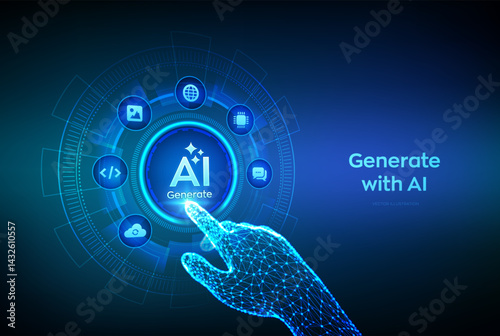 Generate with AI button. Artificial intelligence and Machine learning technology concept. AI enters by command prompt to generate ideas. Closeup finger about to press a Generate AI button. Vector.