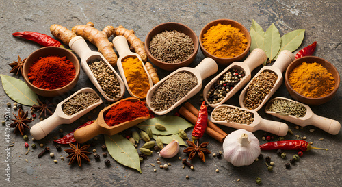 A bright, colorful shot of various whole spices and herbs sprawled out