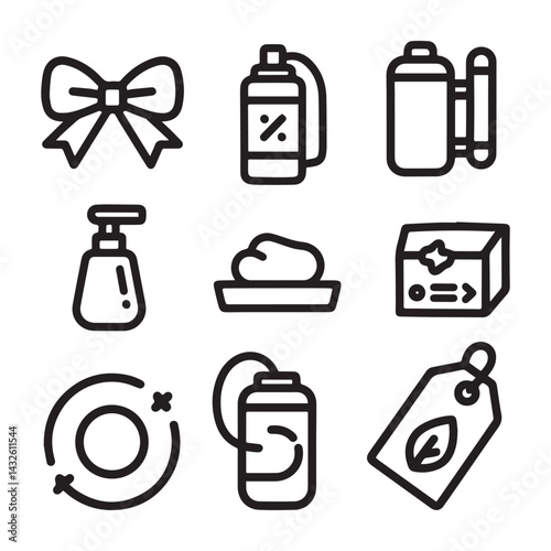 A black and white illustration of nine icons. The first icon is a bowknot. The second icon is a portable canister. The third icon is a biofuel canister. The fourth icon is a soap dispenser.