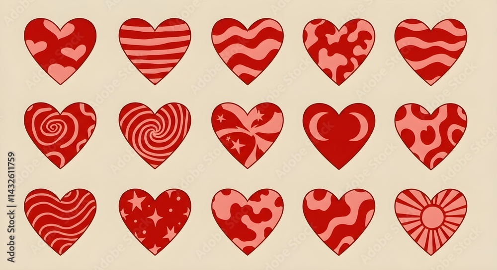 Collection of 16 unique red hearts with various patterns. Perfect for Valentine's Day or any romantic occasion.