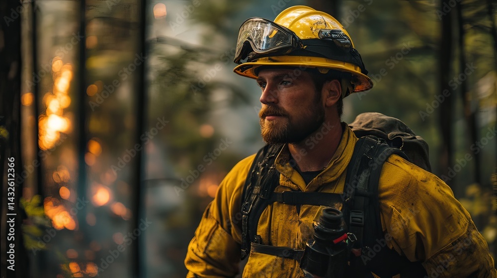 Obraz premium Wildfire response firefighter in action forest portrait natural environment close-up bravery and commitment