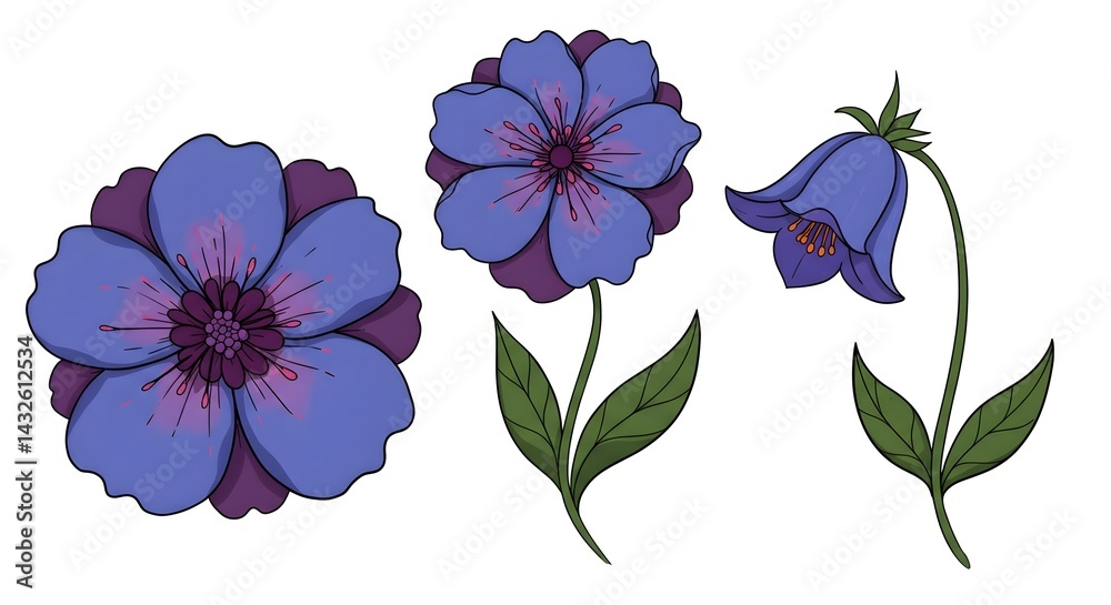 Three illustrated purple flowers, each with unique shapes and details. Perfect for spring designs!