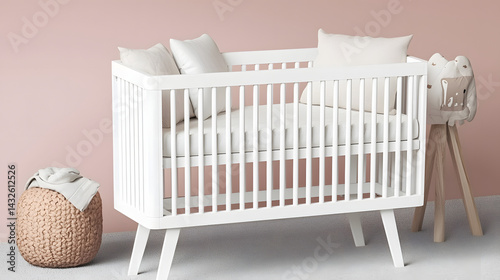 A white crib with a white pillow and a white blanket. Generated using AI.