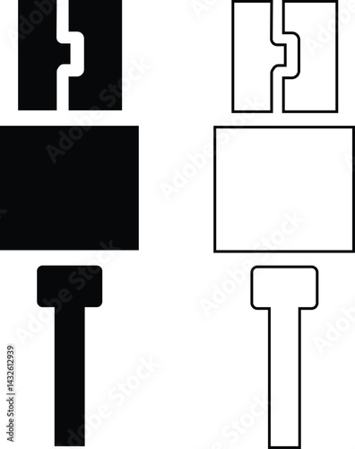 Set of usb cables Usb cable Icon. Charger cable set. Linear and silhouette Plug USB cable icon Vector set of usb computer universal connectors: micro, lightning, type A, C. Computer and mobile plugs
