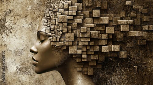 Abstract Portrait of a Woman Transformed into a Cube Mosaic Digital Art Sepia Tones