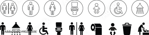 WC icon set. Toilet, restroom, man and woman, bathroom, disabled, dumpster, toilet paper, infant - stock vector Restroom signs and toilet icons collection of restroom icons,editable stroke line