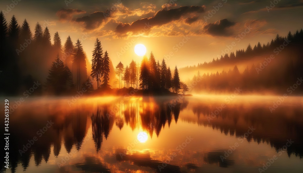 Fototapeta premium A golden sun rising behind misty trees reflected in crystalline