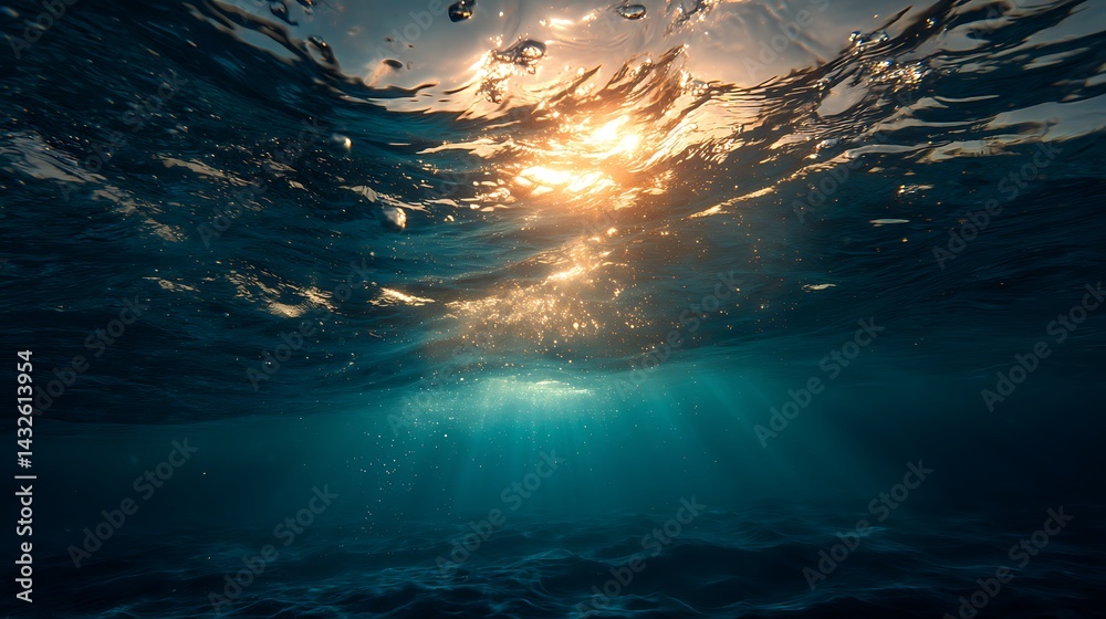 Obraz premium Golden sunlight piercing through ocean waves from below the surface