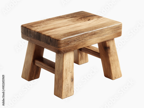 A small square wooden stool with four legs and a connecting support on a white background. wooden table isolated on white