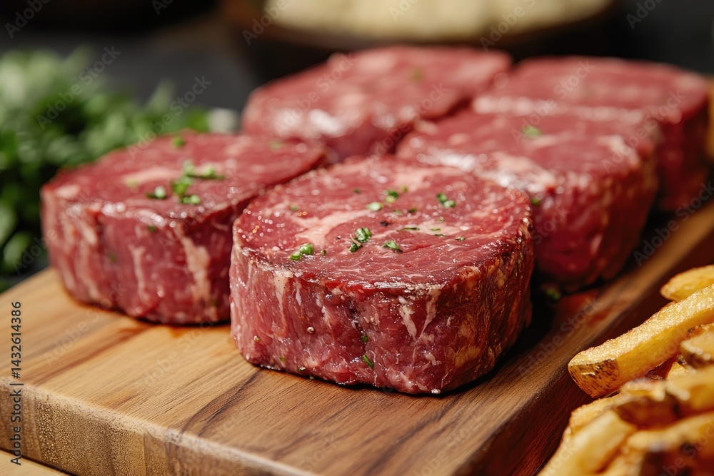 Raw beef steaks, ready for cooking, with french fries Raw beef steaks, ready for cooking, with french fries