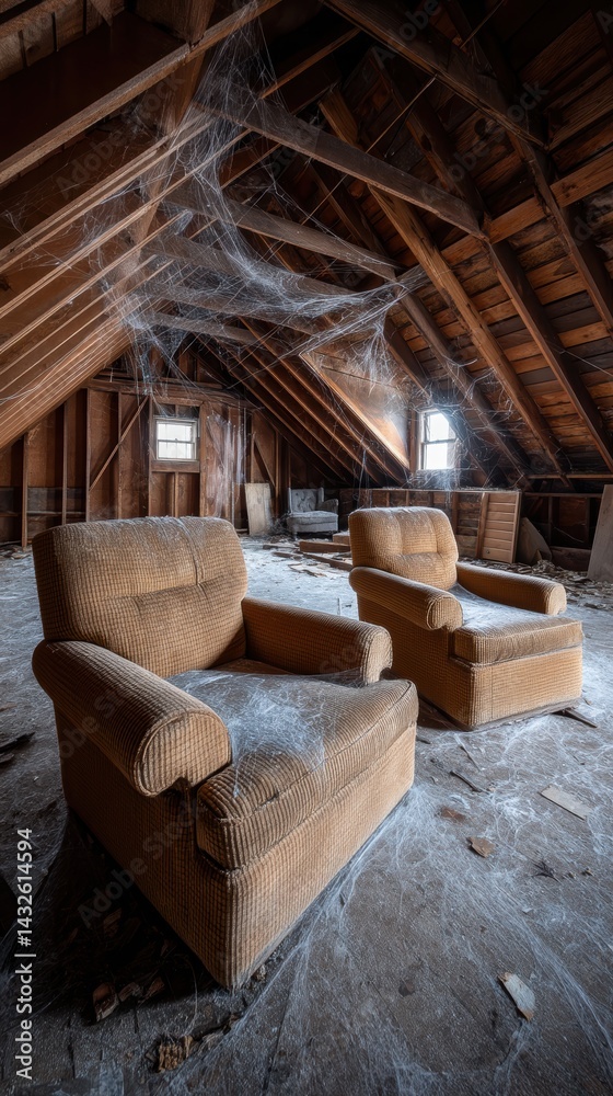 A forgotten, dusty attic with cobwebs draping across decaying furniture - abandoned ruined clutter architecture ancient A forgotten, dusty attic with cobwebs draping across decaying furniture - abandoned ruined clutter architecture ancient