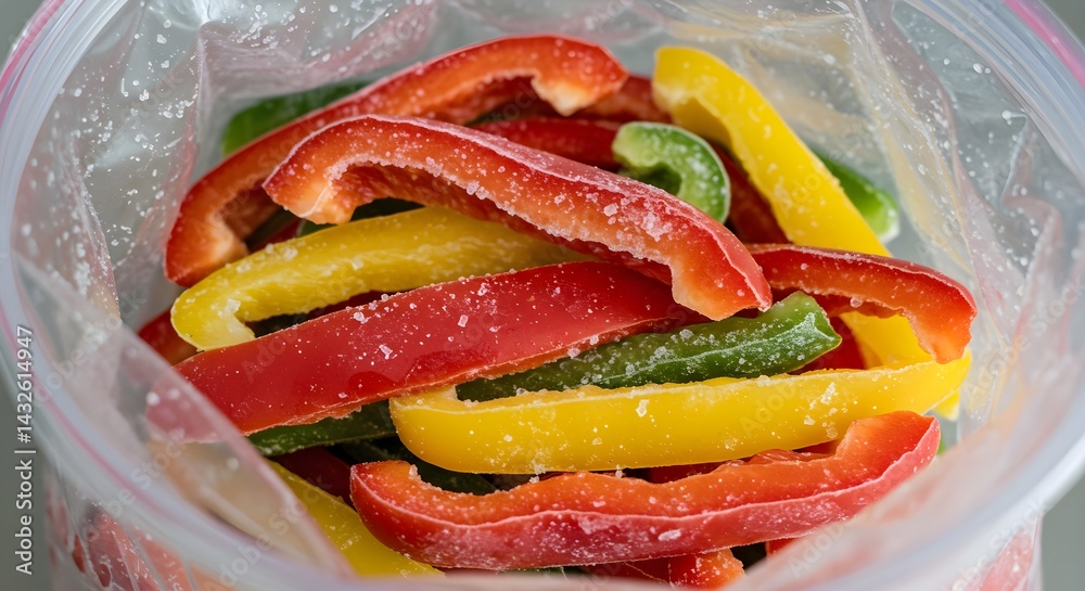Frozen bell pepper slices in a freezer bag. A colorful and convenient way to preserve fresh produce.