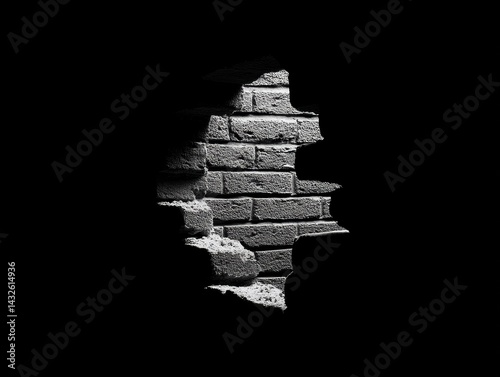 A mysteriously dark hole in a solid black brick wall, promising secrets within - alluring clandestine blackness