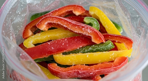 Obraz na płótnie Frozen bell pepper slices in a freezer bag. A colorful and convenient way to preserve fresh produce. w salonie