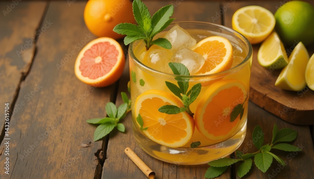 Refreshing citrus beverage with ice and mint. A perfect summer drink!