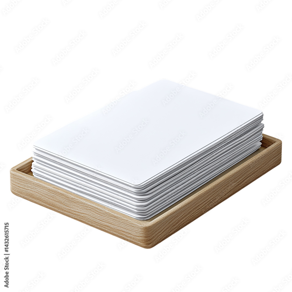 Desktop filing tray mockup with blank papers stacked isolated on a transparent background 