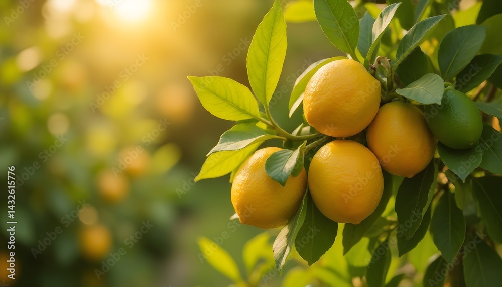 Ripe lemons and a lime hang from a tree branch, bathed in warm sunlight. The vibrant citrus fruits glow against the lush green leaves.
