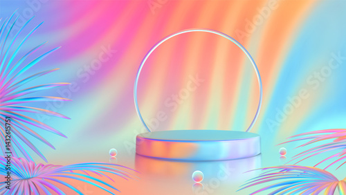 Summer product podium. Summer sale podium. Pedestal, platform for product presentation. Bright sunset and sunrise sky colors background with tropical leaves. Blue, purple, orange, pink, yellow. Vector