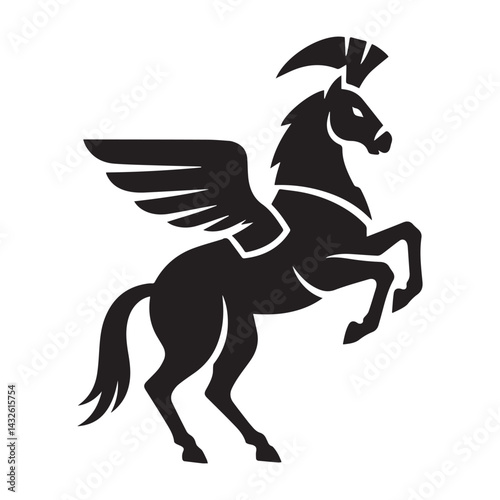 A minimalist vector logo of an armored horse in center perspective.
