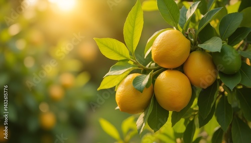 Obraz na płótnie Ripe lemons and a lime hang from a tree branch, bathed in warm sunlight. The vibrant citrus fruits glow against the lush green leaves. w salonie