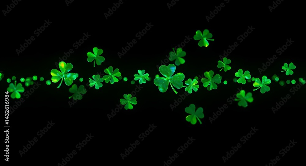 Glowing green shamrocks float across a black background, creating a magical St. Patrick's Day atmosphere.