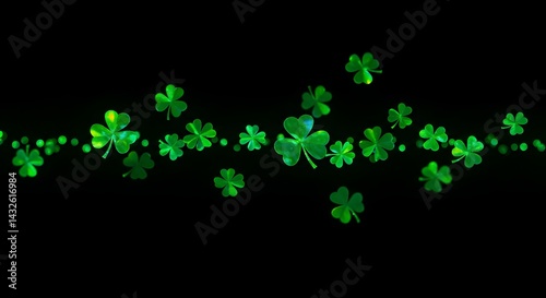 Obraz na płótnie Glowing green shamrocks float across a black background, creating a magical St. Patrick's Day atmosphere. w salonie