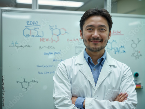The image shows a person wearing a white lab coat standing in front of a whiteboard with various chemical structures and formulas written on it