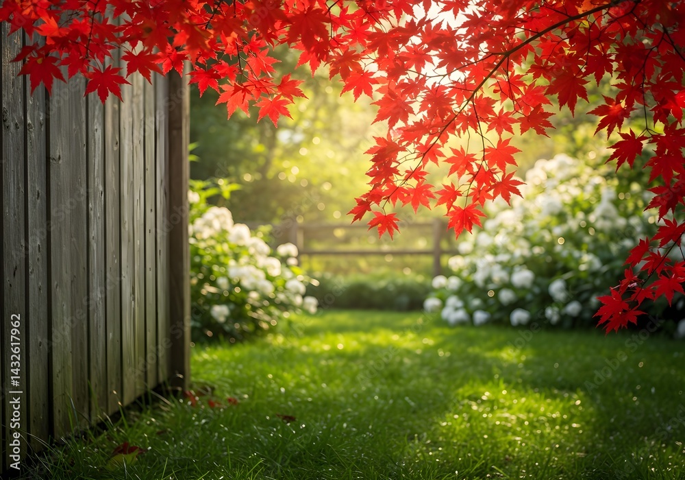 Vibrant red maple leaves frame a serene garden scene, bathed in warm sunlight. A wooden fence adds a rustic touch.