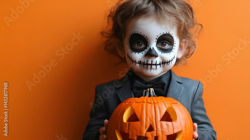 Child in Skeleton Makeup Holding Carved Pumpkin on Orange Background