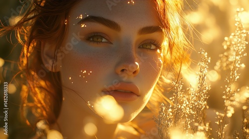 Redhead in golden light, soft focus, dreamy aesthetic, and natural environment