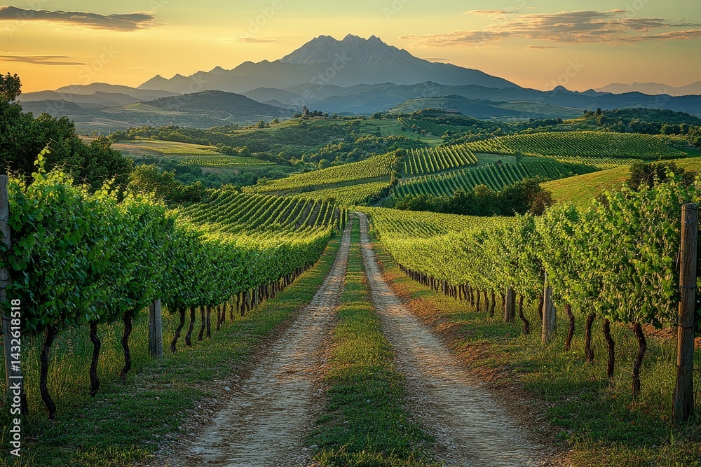 Fototapeta premium Vineyard sunset, mountain view, Tuscany