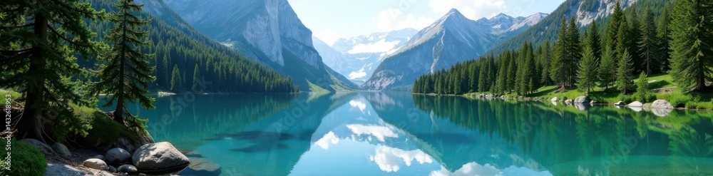 Crystal clear lake mirrors surrounding peaks; coniferous forest frames scene, pine, clouds Crystal clear lake mirrors surrounding peaks; coniferous forest frames scene, pine, clouds