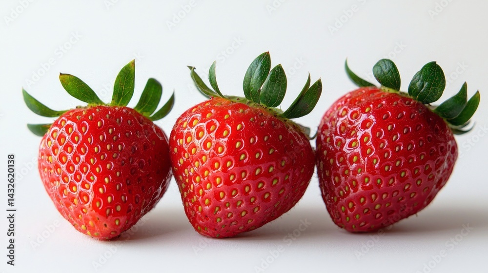 Three red strawberries are arranged in a row on a white background Three red strawberries are arranged in a row on a white background