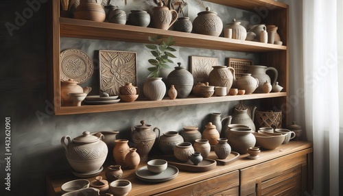 Ceramic pottery corner Handmade pottery displayed thoughtfully o