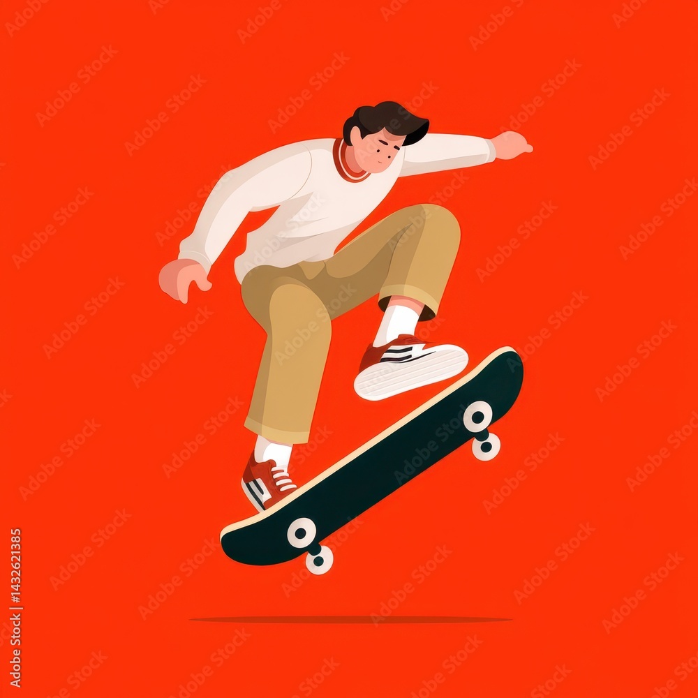 Fototapeta premium Stylish figure of a person performing a skateboarding trick against a vibrant background.