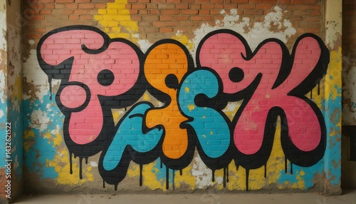 Vibrant graffiti art on a brick wall. Pink, orange, and teal colors create a playful and energetic feel.