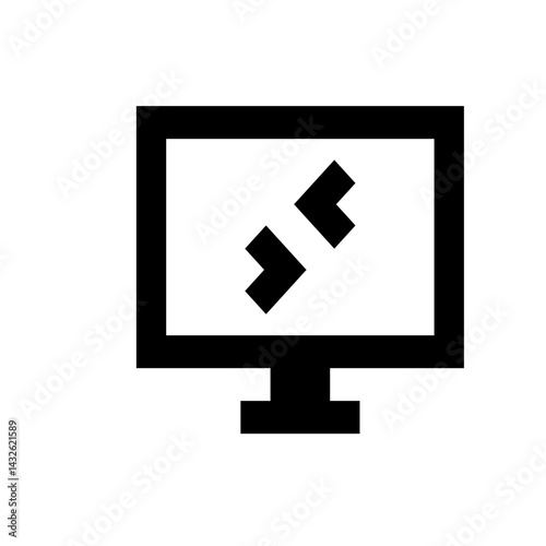 Black and white computer monitor displaying coding symbols on the screen in a minimalist design style icon
