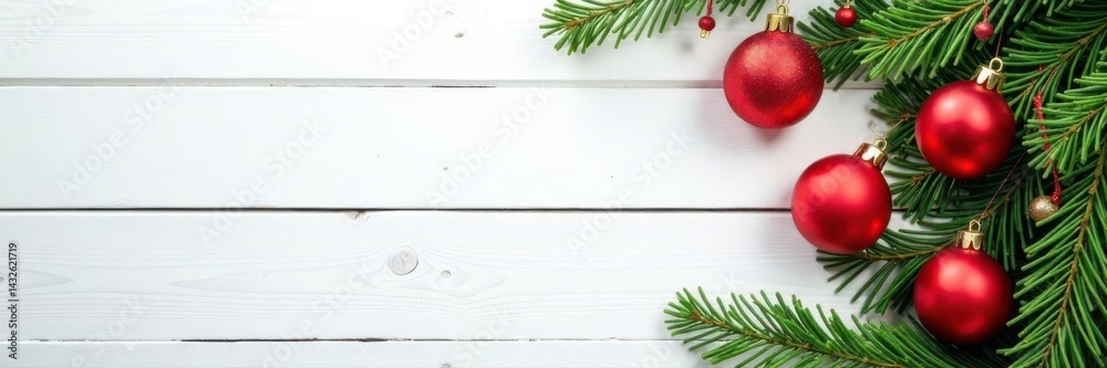 Naklejka premium Red and gold baubles, evergreen sprigs, blank card, white wood backdrop , xmas, white wood
