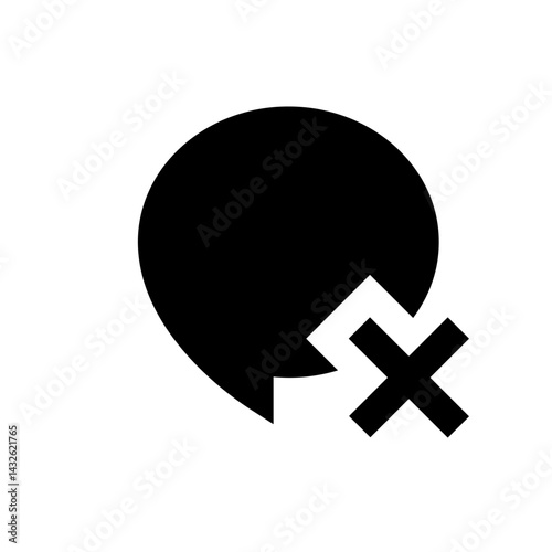 Black speech bubble with a white x mark indicating removal or deletion on a white background plain
