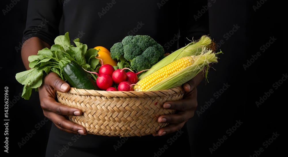 A person holds a basket brimming with fresh, colorful vegetables. A healthy and vibrant harvest!
