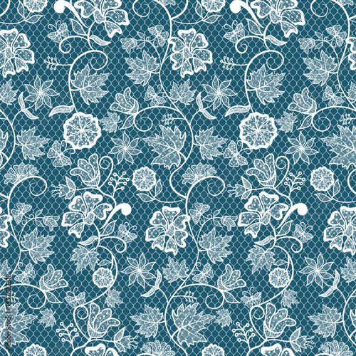 Seamless vintage floral lace pattern with elegant white flowers and swirling leaves on a dark teal background. Decorative design perfect for textiles, wallpapers, fashion prints, and wedding themes.