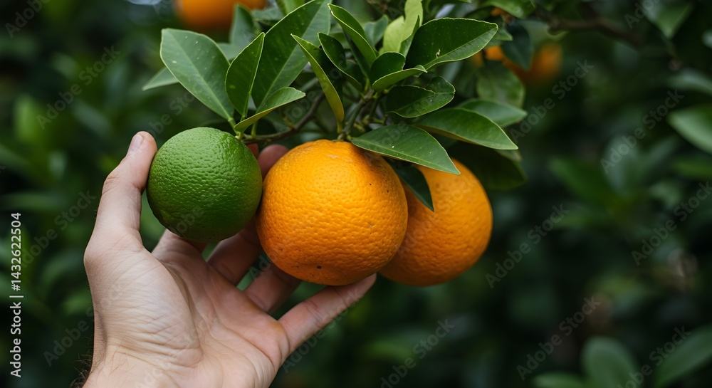 A hand gently holds a lime and two oranges fresh from the tree. The vibrant colors and lush green leaves create a beautiful contrast.