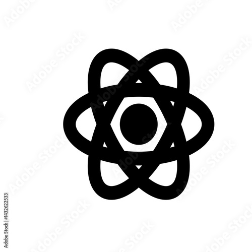 Black and white illustration of a stylized atom symbol with orbital paths and central nucleus