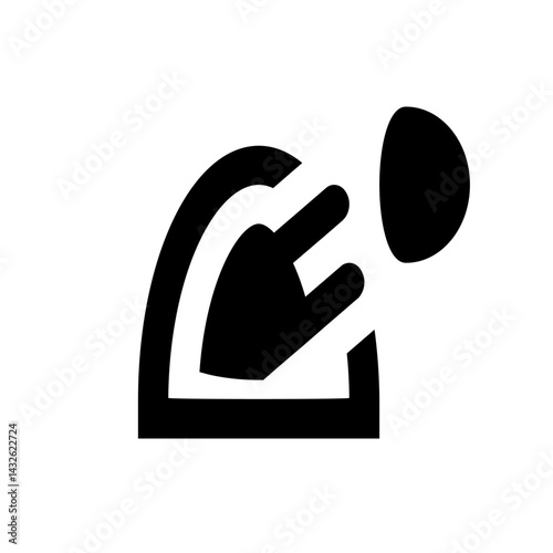 Illustration of a black electrical plug with two prongs next to a black circle on a white background